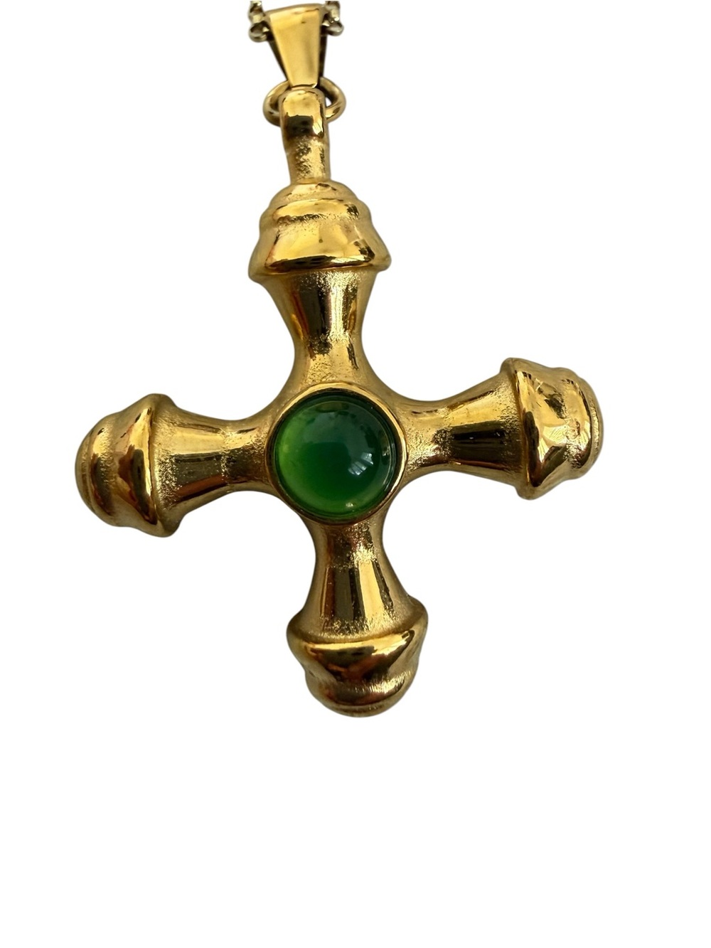 Gold Plated Green Cabochon Cross - Picture 2 of 5
